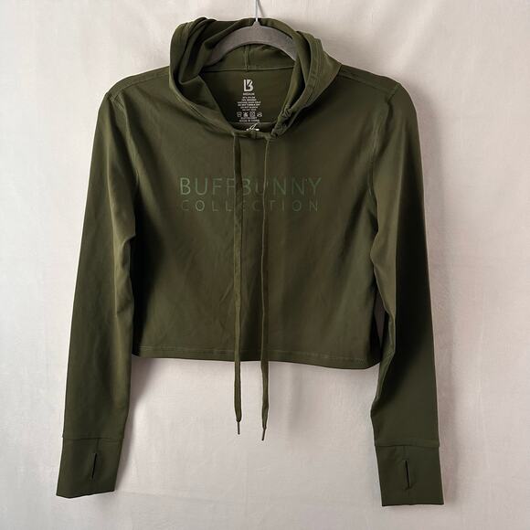 BuffBunny Collection Hooded Crop Sweatshirt Long Sleeve Olive Green NEW Medium - Picture 1 of 5